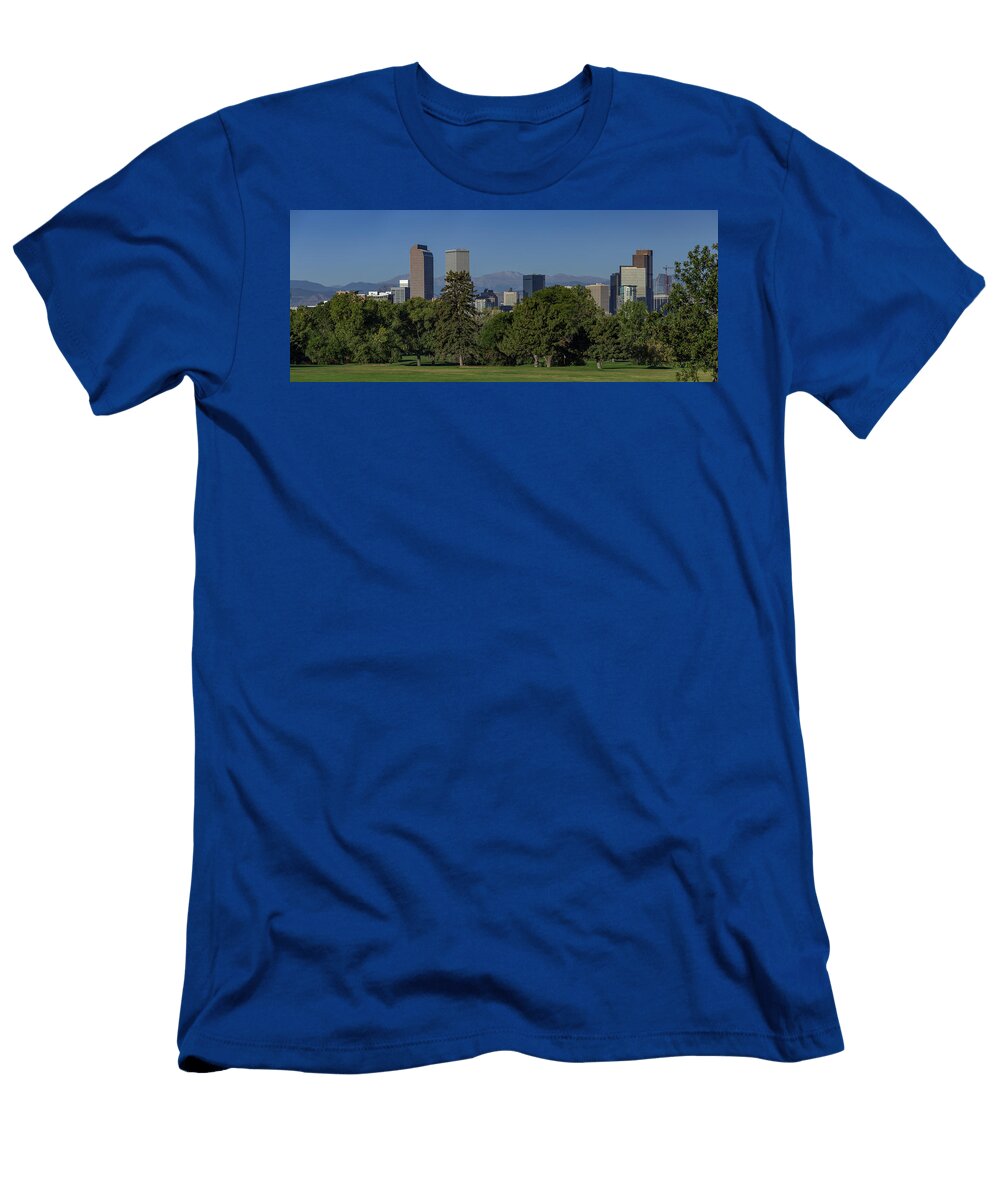 Summer Skyline of Downtown Denver Looking West Towards the Rocky Bridget Calip T-Shirt