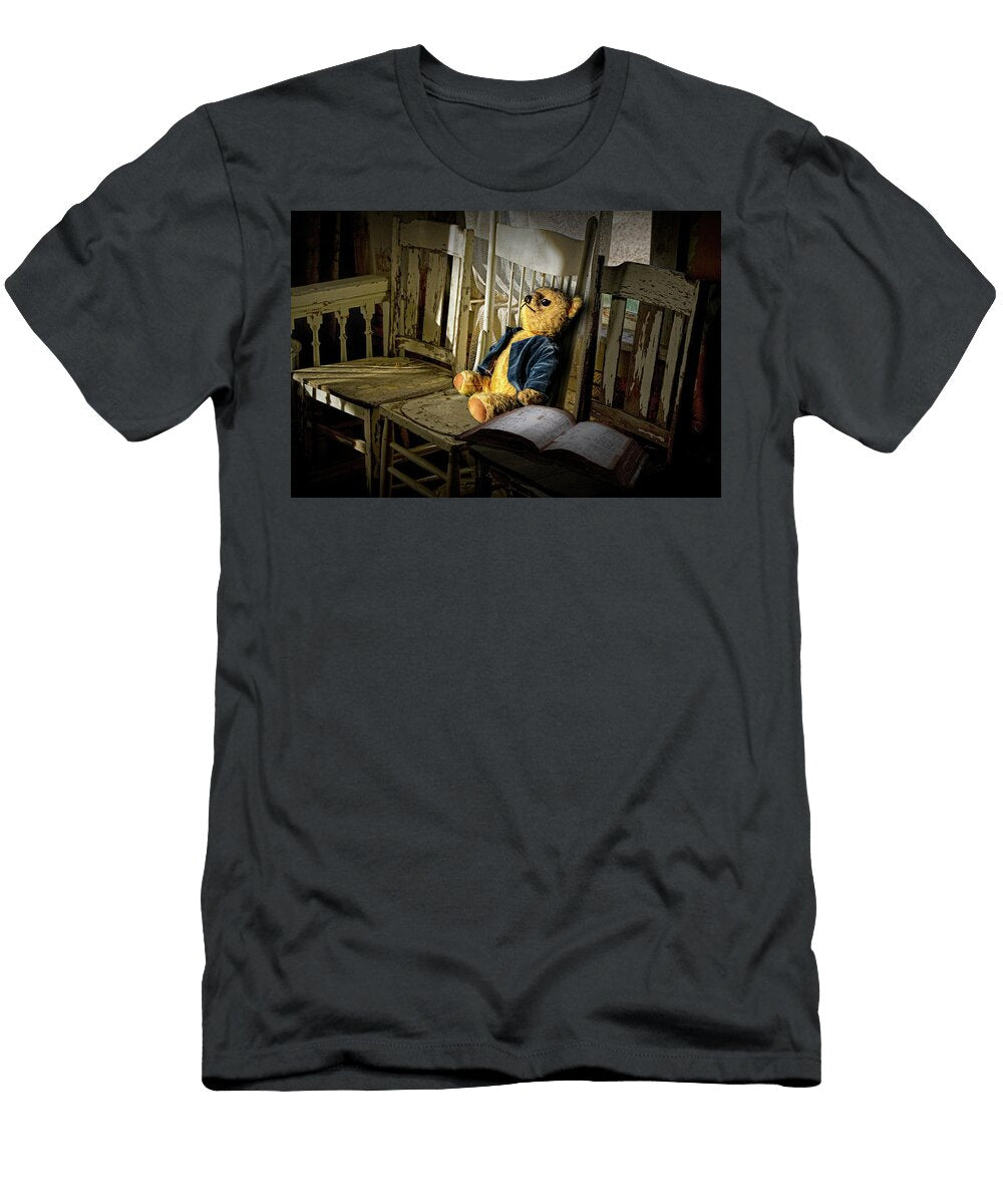 Teddy Bear in Repose on Wooden Chair with an Open Book Randall Nyhof T-Shirt