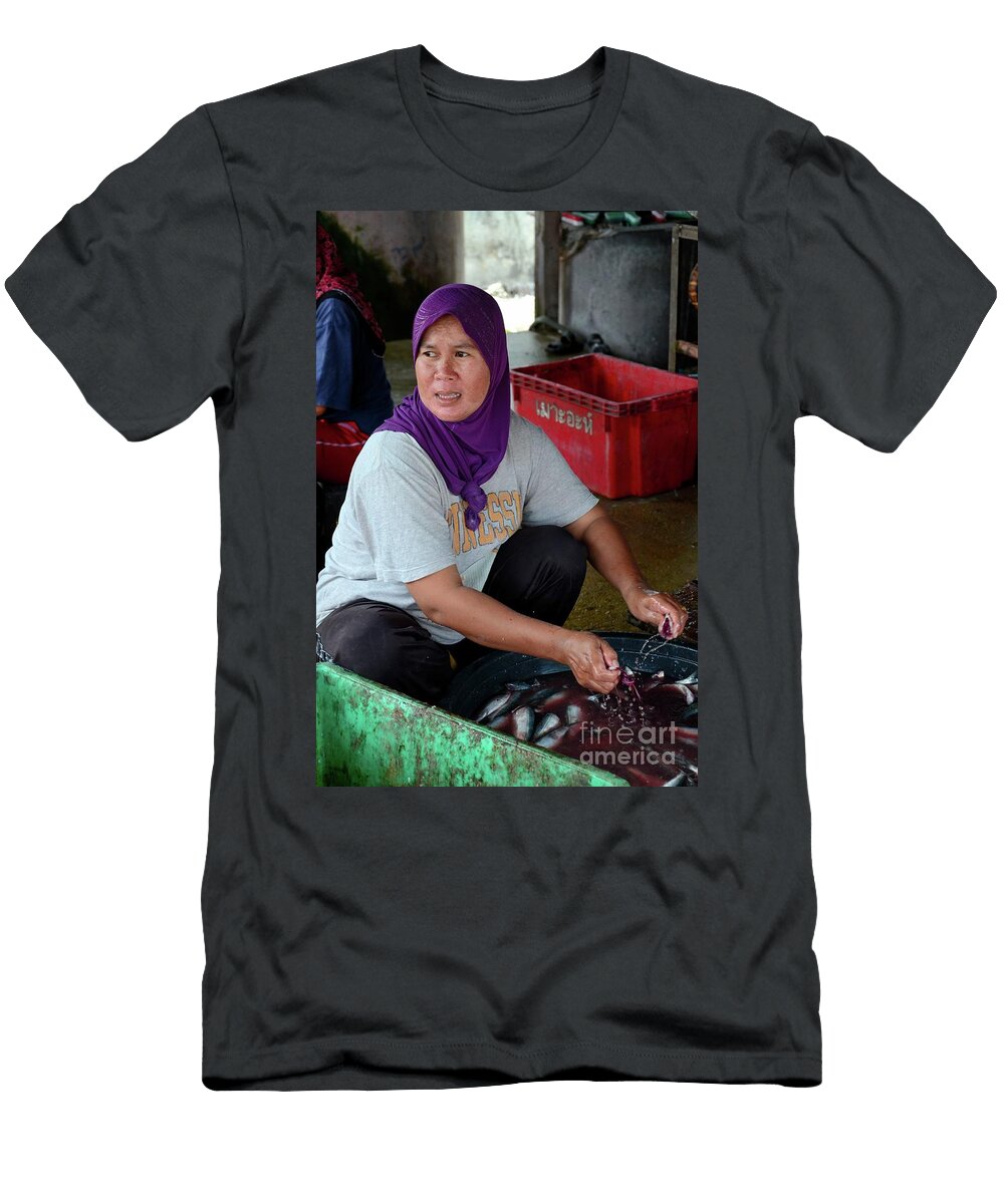 Thai Muslim Woman in Sweat Pants and Hijab Headscarf Guts and Cleans Fish Pattani Thailand Imran Ahmed T-Shirt
