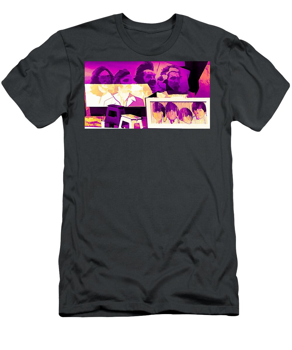 The Beatles Collage Bright Fuchsia Colors Chuck Kuhn T-Shirt