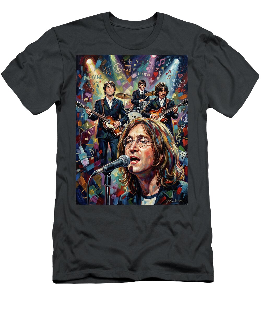 The Beatles in Concert Abstract Portrait Art of Music Icons Iconic Musicians Legend Paint Sampadart Gallery T-Shirt