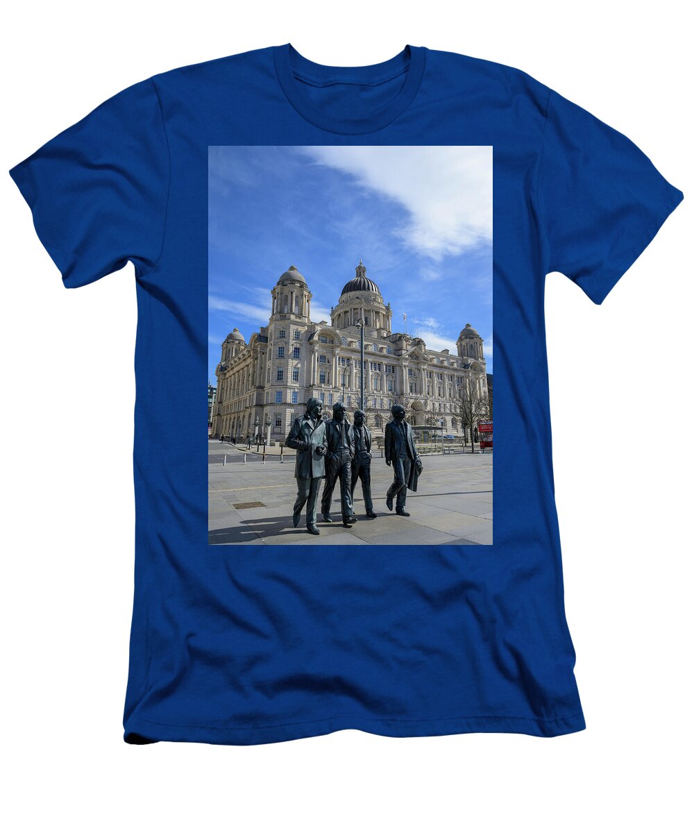 The Beatles Monument and Royal Liver Building in Liverpool England Mark Stephens T-Shirt