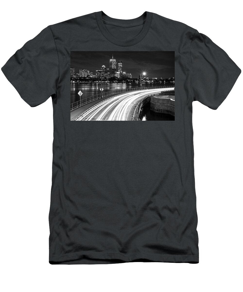The Pru Lit Up for the Boston Bruins Boston Ma Charles River Black and White Toby Mcguire T-Shirt