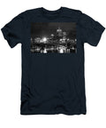 The Pru Lit Up for the Boston Bruins Boston Ma Charles River Longfellow Bridge Black and White Toby Mcguire T-Shirt