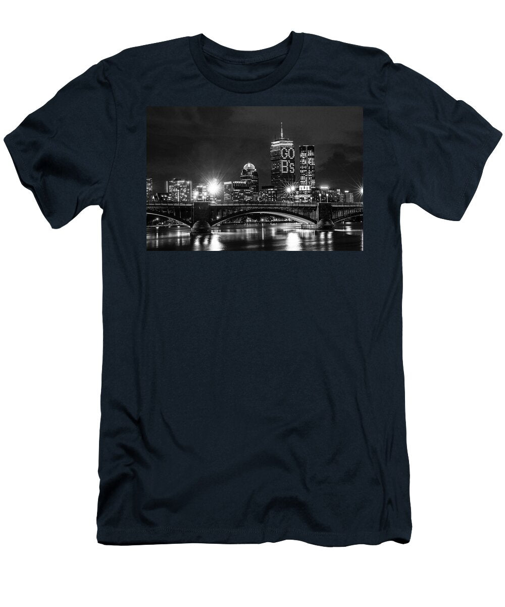 The Pru Lit Up for the Boston Bruins Boston Ma Charles River Longfellow Bridge Black and White Toby Mcguire T-Shirt