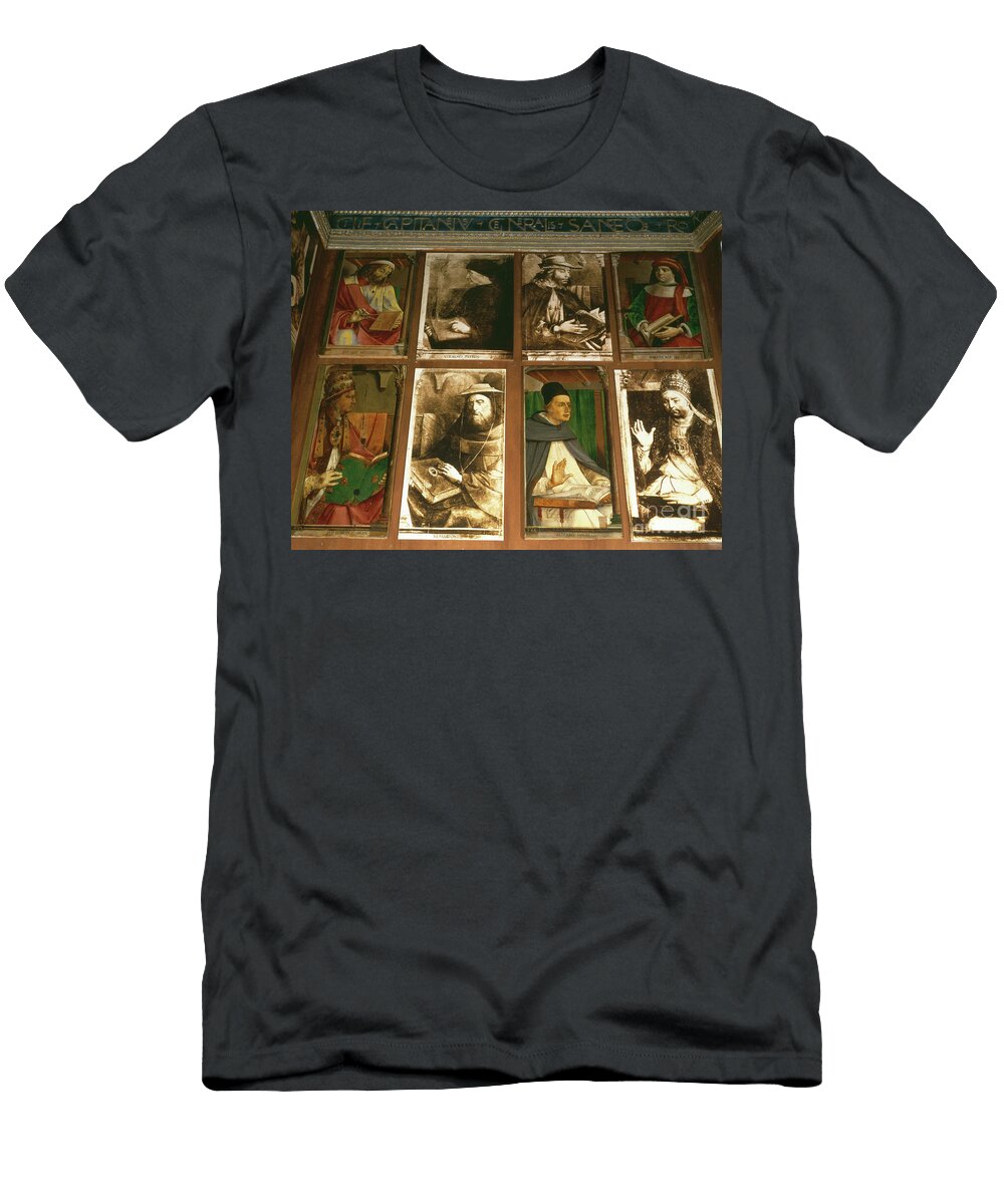 The Study of Federigo Da Montefeltro Duke of Urbino Clockwise From Tl Euclides of Megara Greek Philosopher Joos Van Gent T-Shirt