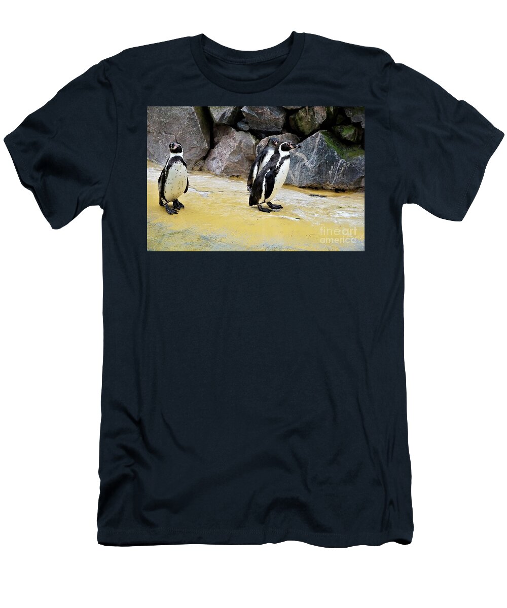 Three Humboldt Penguins Standing in Front of Stone Wall Pisces2386 T-Shirt