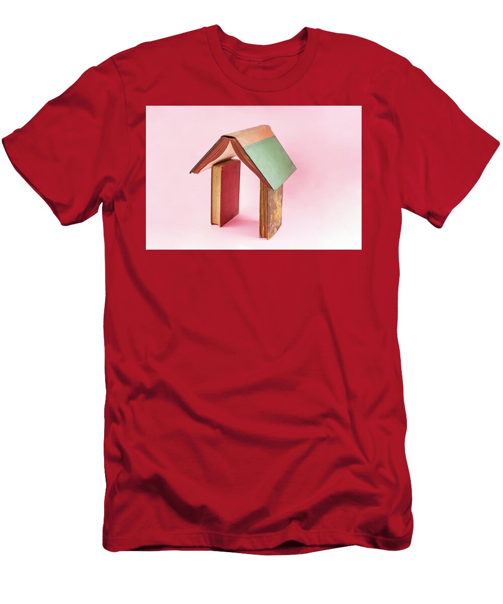 Three Vintage Books Arranged in the Shape of a House on Pink Bac Dorin Puha T-Shirt