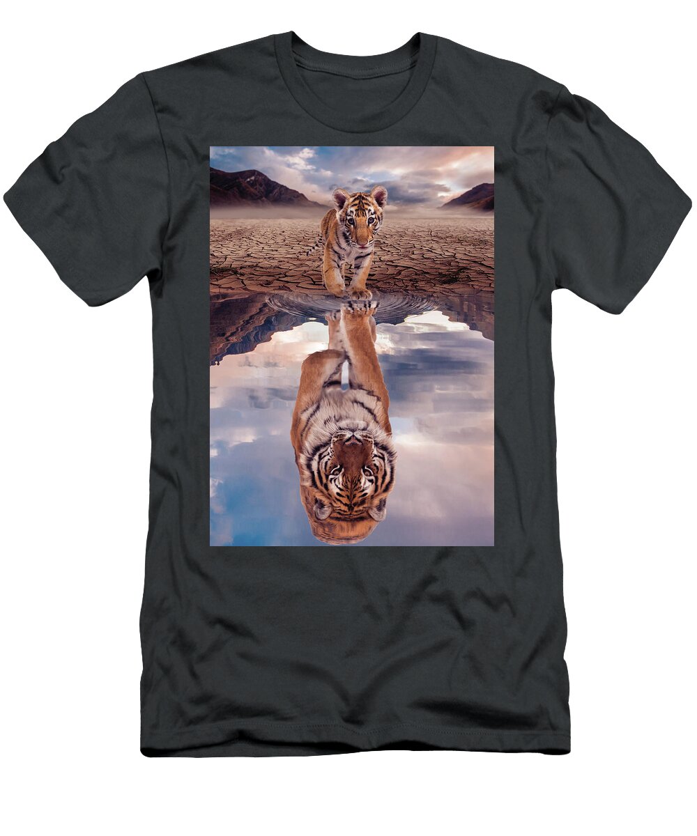 Tiger Cub Looking the Reflection of an Adult Tiger in the Water Matthew Chan T-Shirt