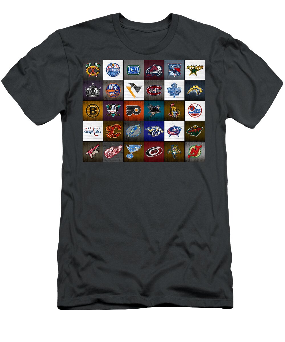 Time to Lace Up the Skates Recycled Vintage Hockey League Team Logos License Plate Art Design Turnpike T-Shirt