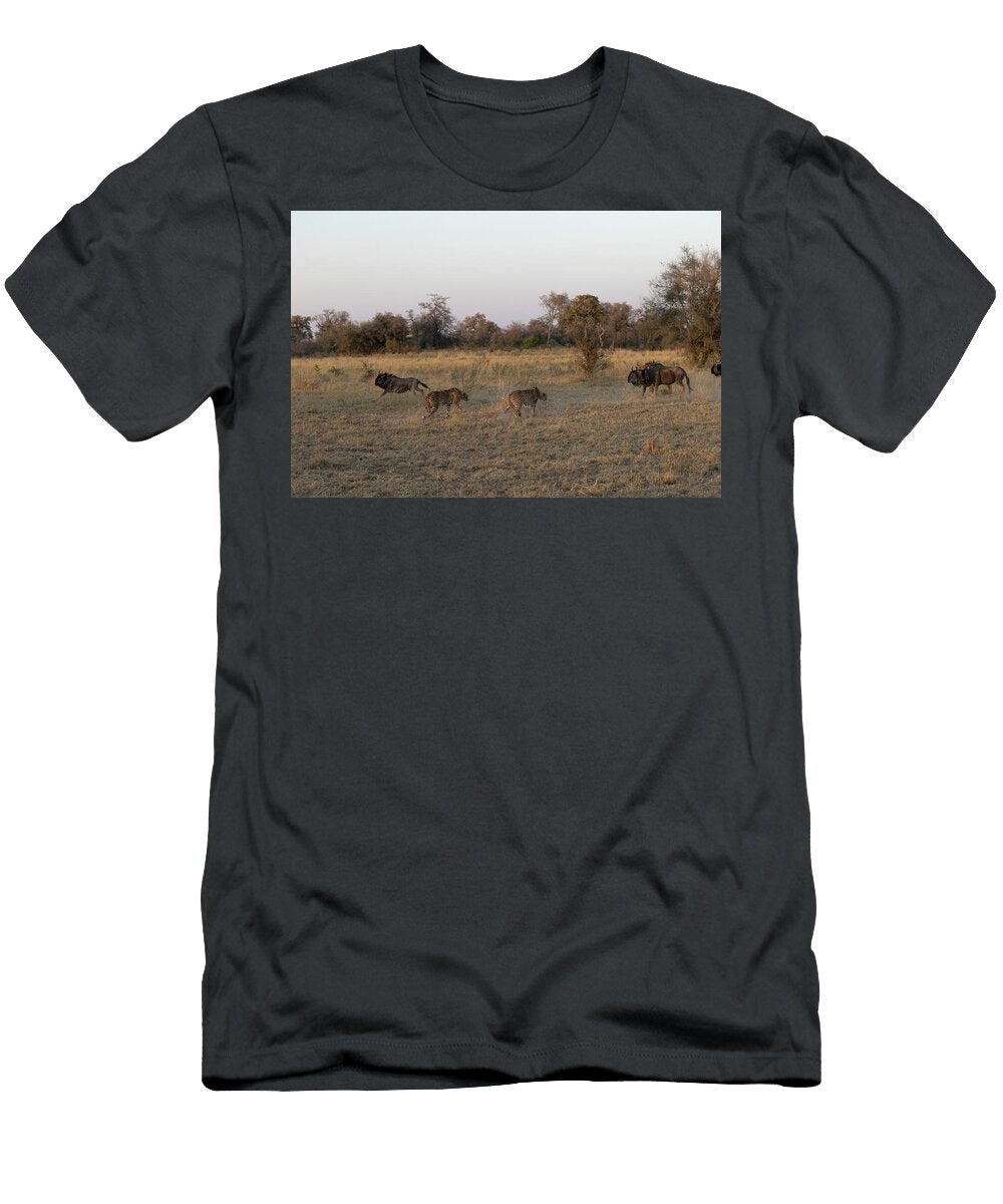 Two Cheetah Brothers Being Chased Away By Herd of Blue Kristel Richard Natureplcom T-Shirt