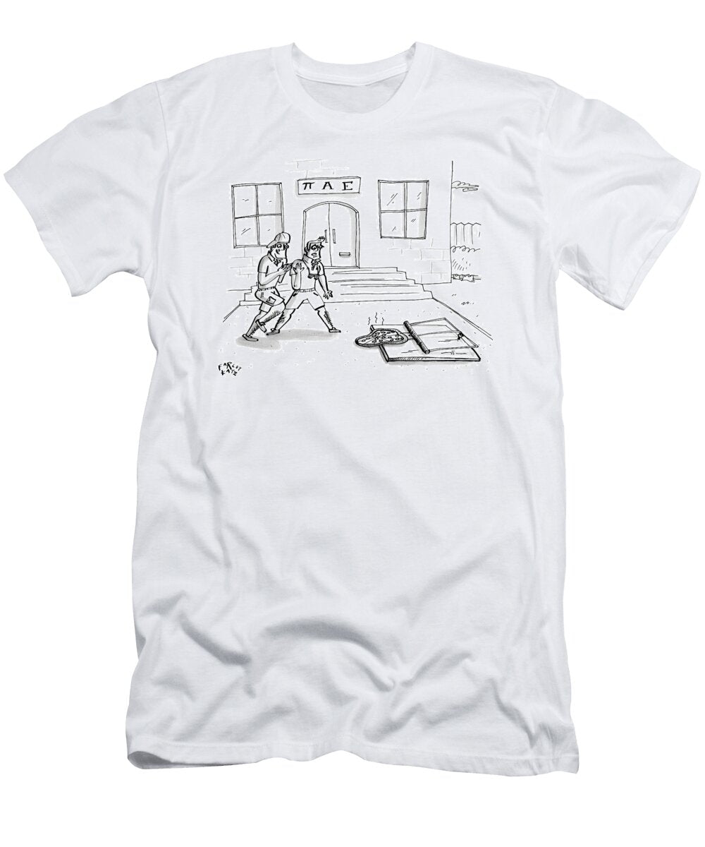 Two College Boys Approach a Pizza Placed Farley Katz T-Shirt