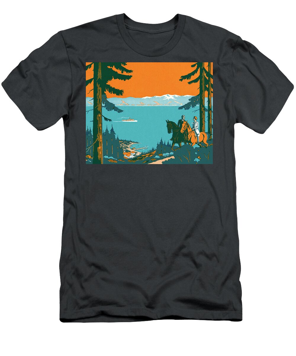 Two People on Horseback Overlooking a Lake Csa Images T-Shirt