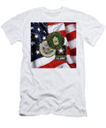 U S Army Command Sergeant Major C S M Rank Insignia with Army Seal and Logo Over American Flag Serge Averbukh T-Shirt