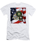 U S Army Staff Sergeant S S G Rank Insignia with Army Seal and Logo Over American Flag Serge Averbukh T-Shirt