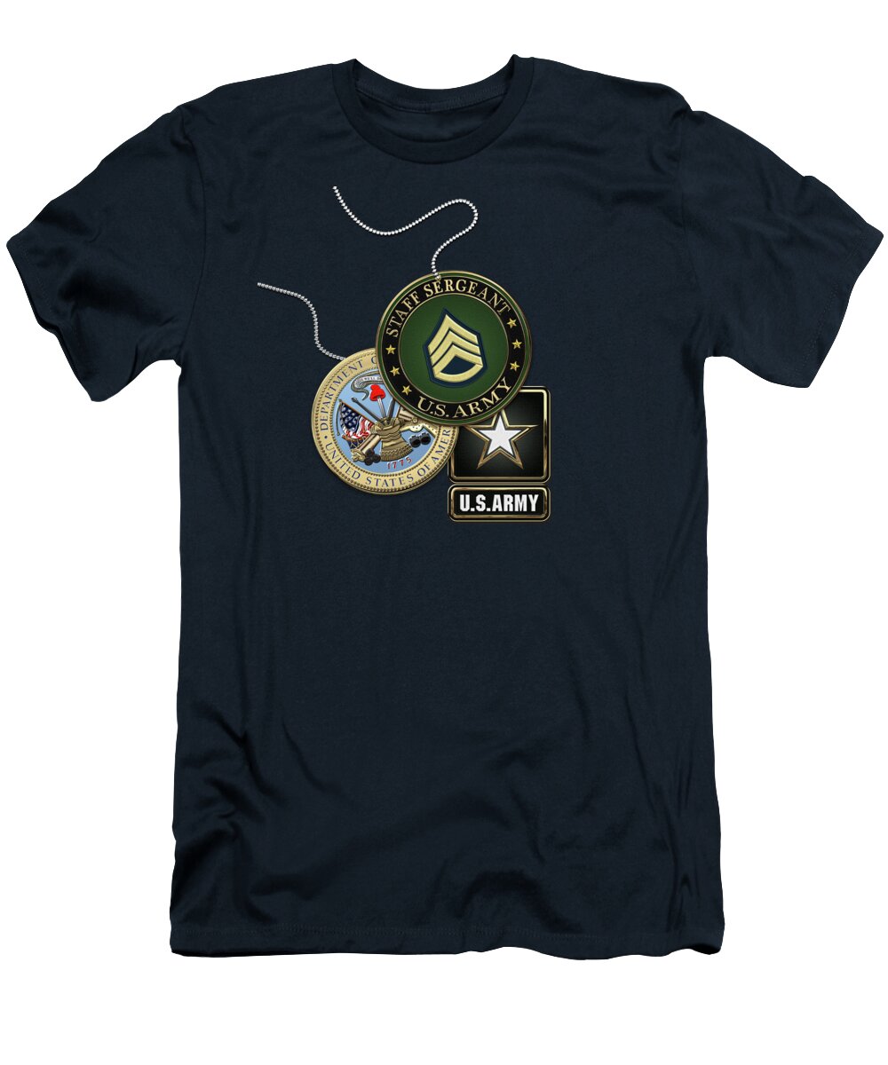 U S Army Staff Sergeant S S G Rank Insignia with Army Seal and Logo Over Blue Velvet Serge Averbukh T-Shirt