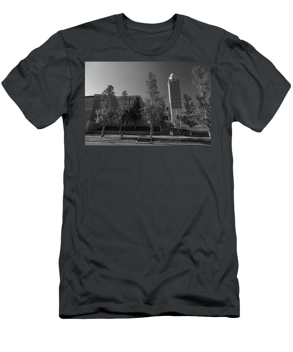 United Supermarkets Arena on the Campus of Texas Tech University in Black and White Eldon Mcgraw T-Shirt