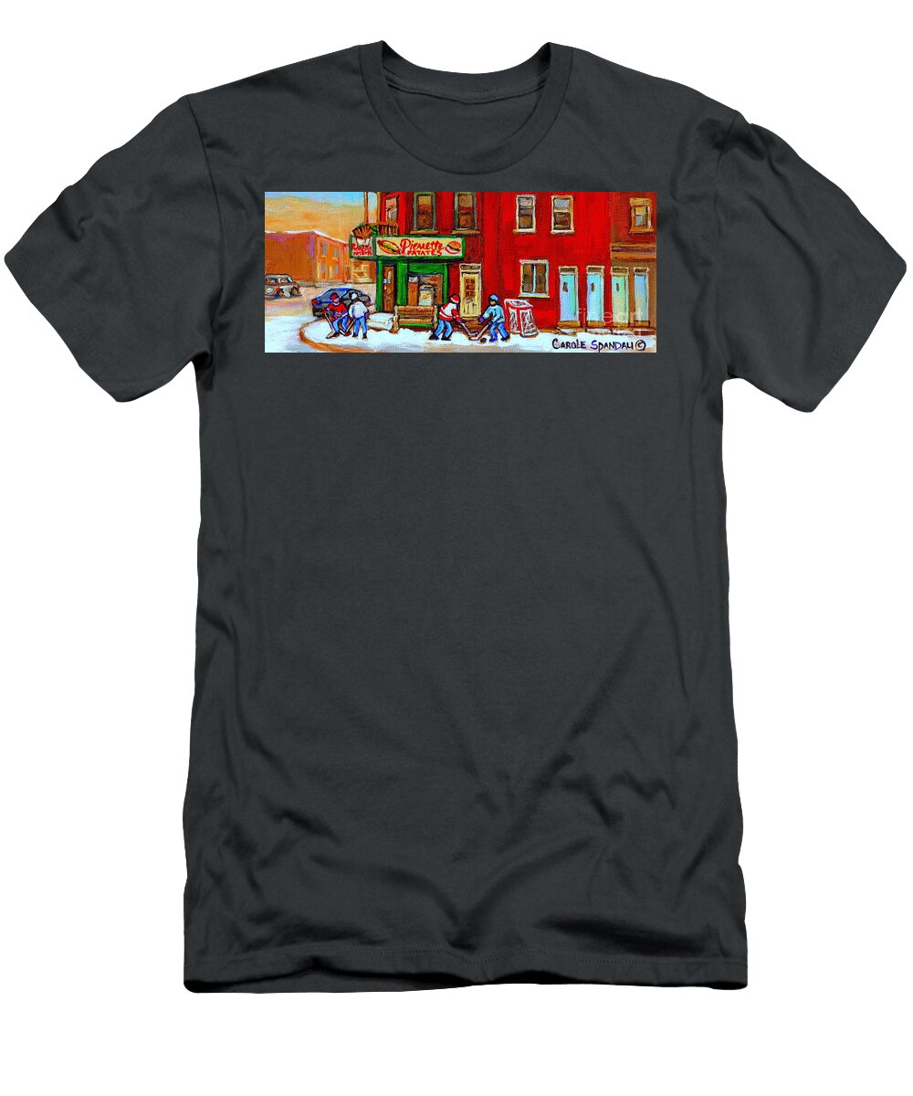 Verdun Art Winter Street Scenes Pierrette Patates Resto Hockey Painting Verdun Montreal Memories Carole Spandau T-Shirt