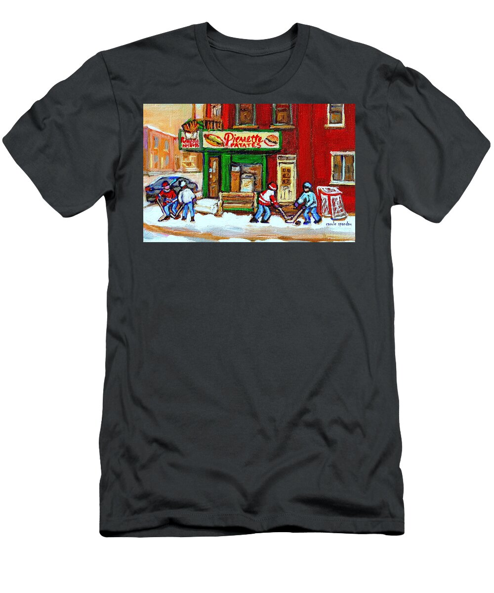 Verdun Hockey Game Corner Landmark Restaurant Depanneur Pierrette Patate Winter Montreal City Scen Carole Spandau T-Shirt