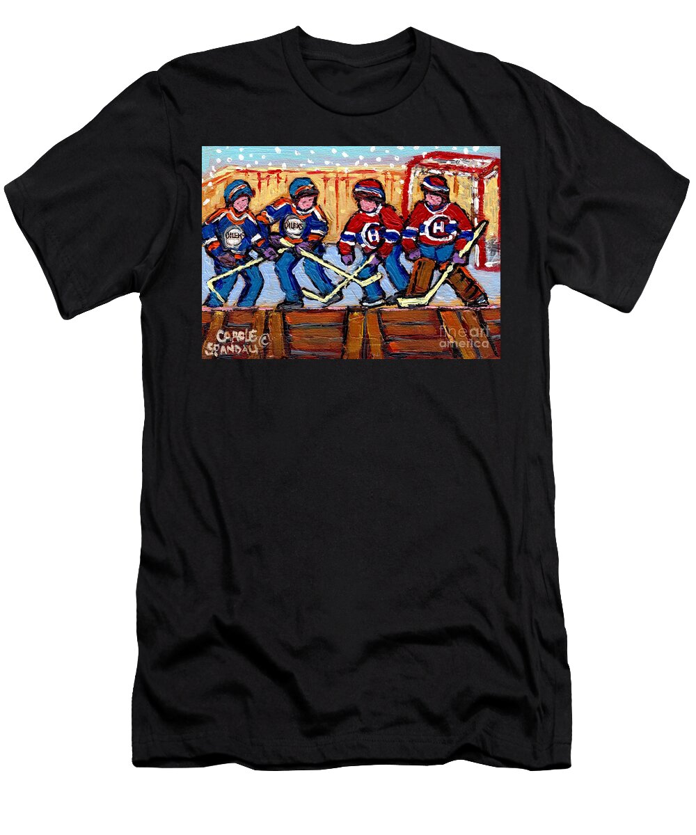 Verdun Hockey Rink Paintings Edmonton Oilers Vs Hometown Habs Quebec Hockey Art Carole Spandau Carole Spandau T-Shirt