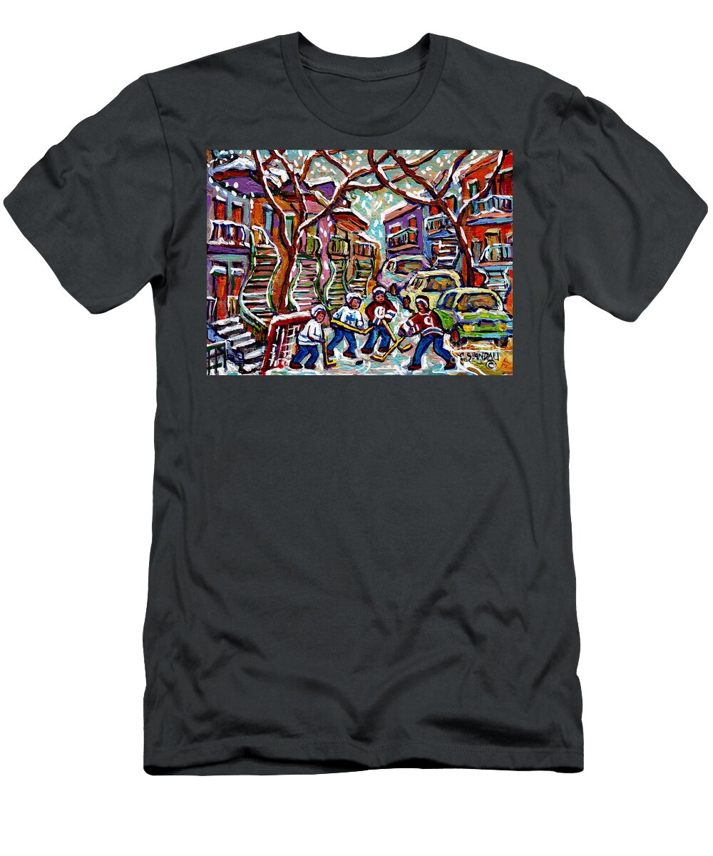Verdun Montreal Quebec Hockey Winter Painting Row Houses Winding Staircases Canadian Art C Spandau Carole Spandau T-Shirt