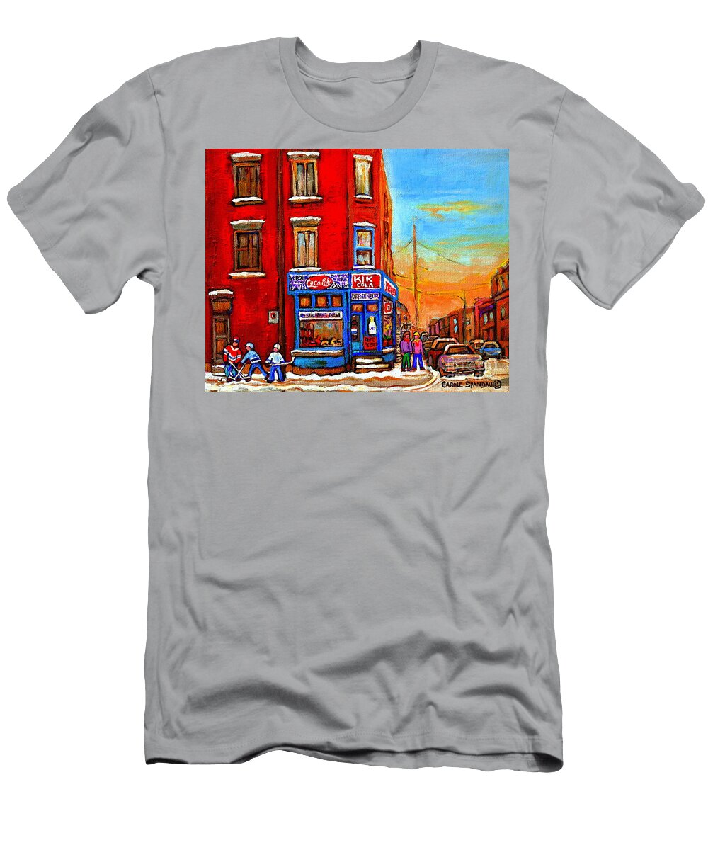 Verdun Montreal Winter Street Scene Corner Store Hockey Art Carole Spandau T-Shirt