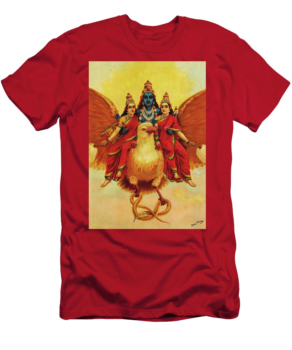 Vishnu Accompanied By His Wives Riding on Garuda Who Carries a Cobra 1910 Ravi Varma T-Shirt