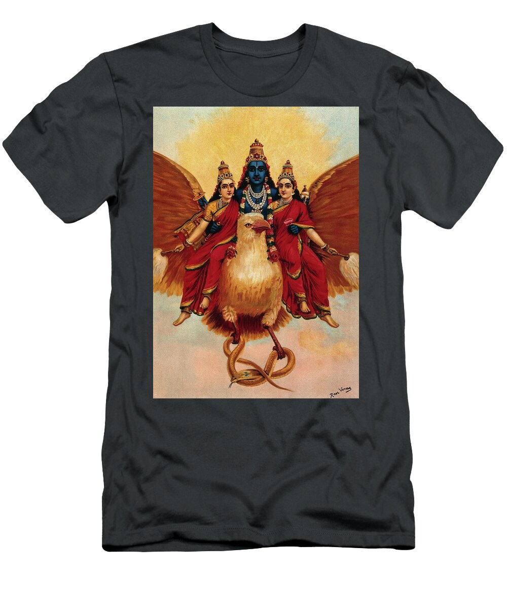 Vishnu Accompanied By His Wives Riding on Garuda Who Carries a Cobra Ravi Varma T-Shirt