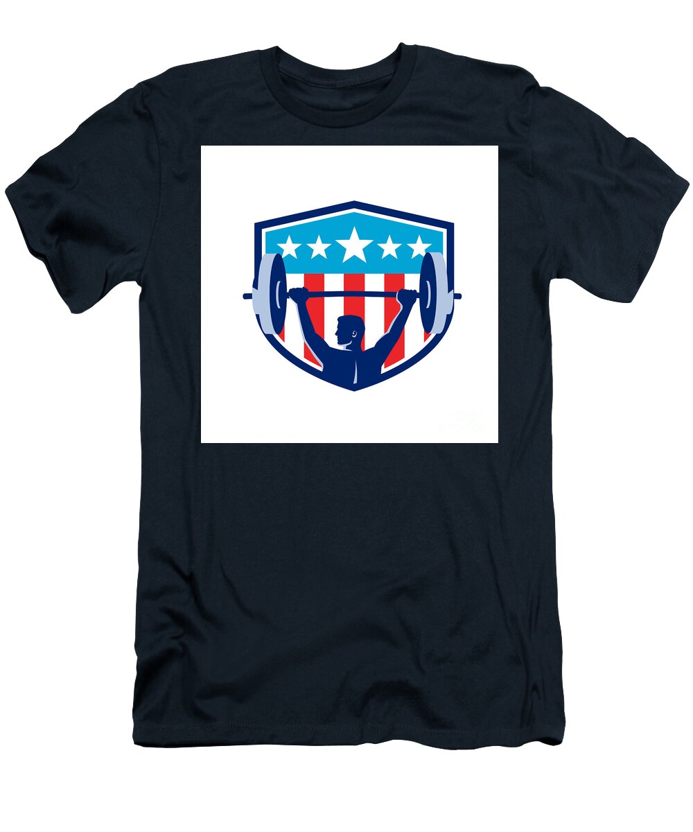 Weightlifter Lifting Barbell Rear Flag Shield Retro Aloysius Patrimonio T-Shirt