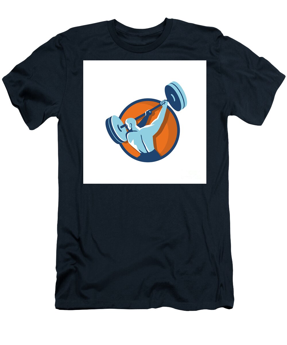 Weightlifter Swinging Barbell Back View Circle Retro Aloysius Patrimonio T-Shirt