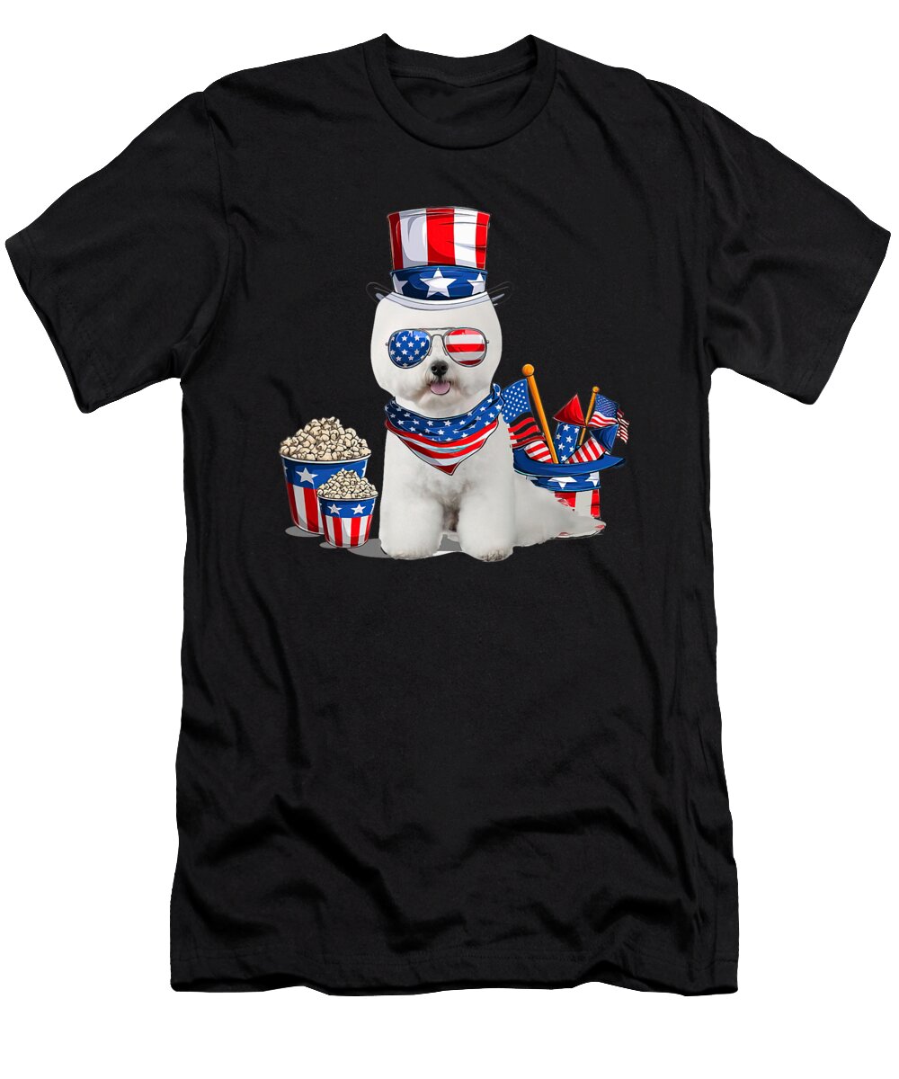 White Bichon Frise Dog American USA Flag 4th of Natalie Lidford T-Shirt