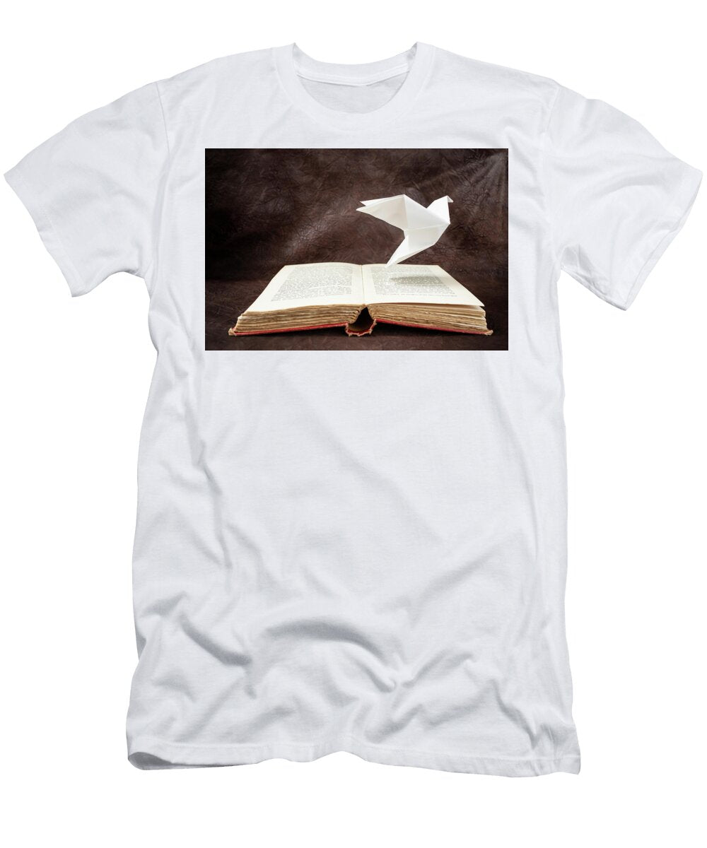 White Origami Dove Bird Flying From a Blurred Defocused Vintage Dorin Puha T-Shirt