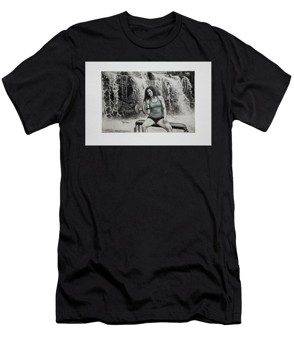 Woman Lifting Weights By Waterfall Daniel Friend T-Shirt
