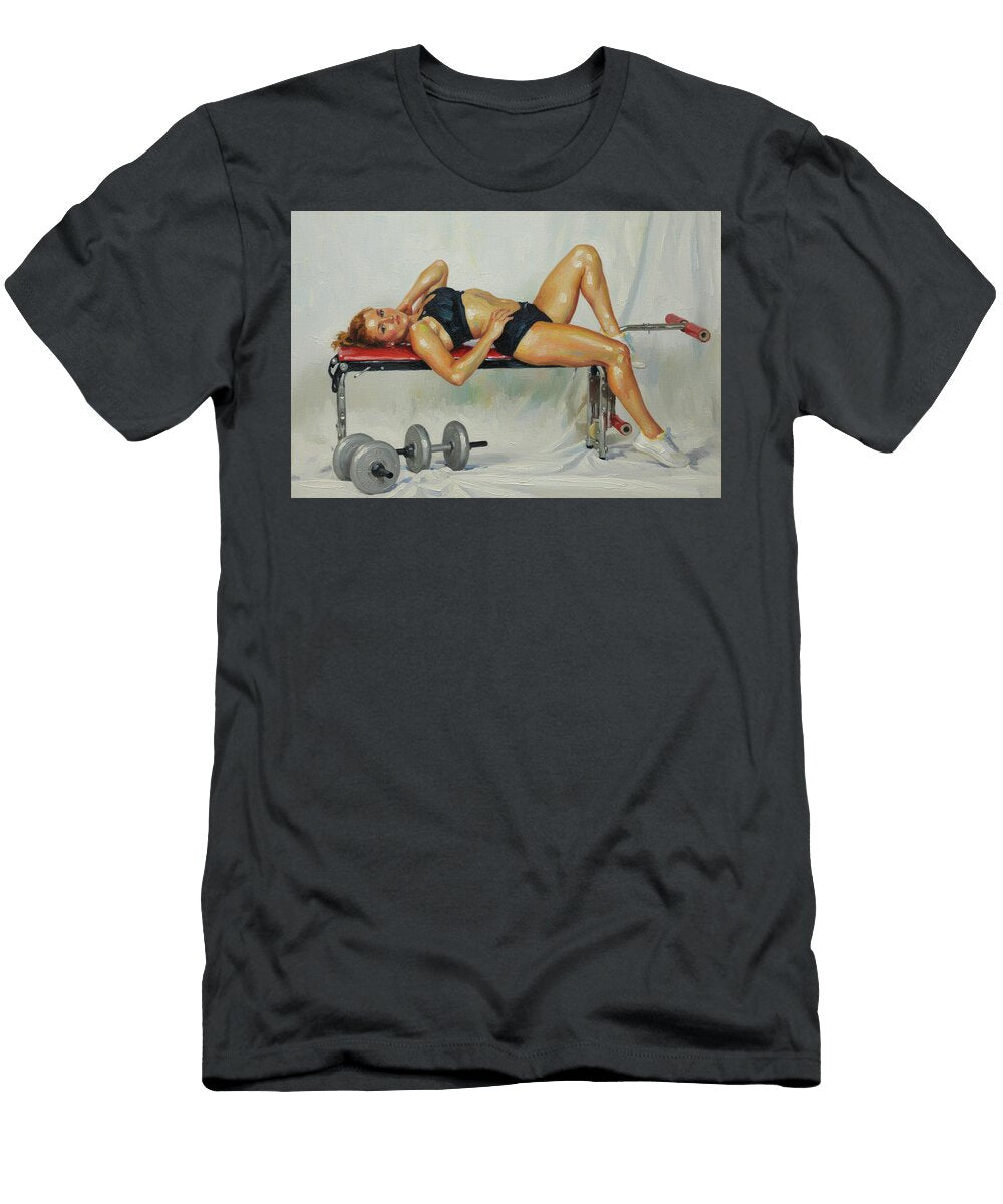 Woman Relaxing on Gym Bench Dan Friend T-Shirt