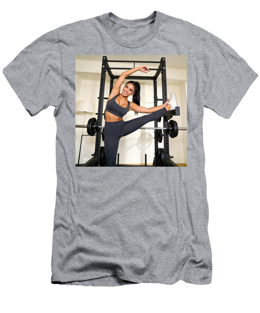 Woman Stretching in Home Gym Ego Crash T-Shirt
