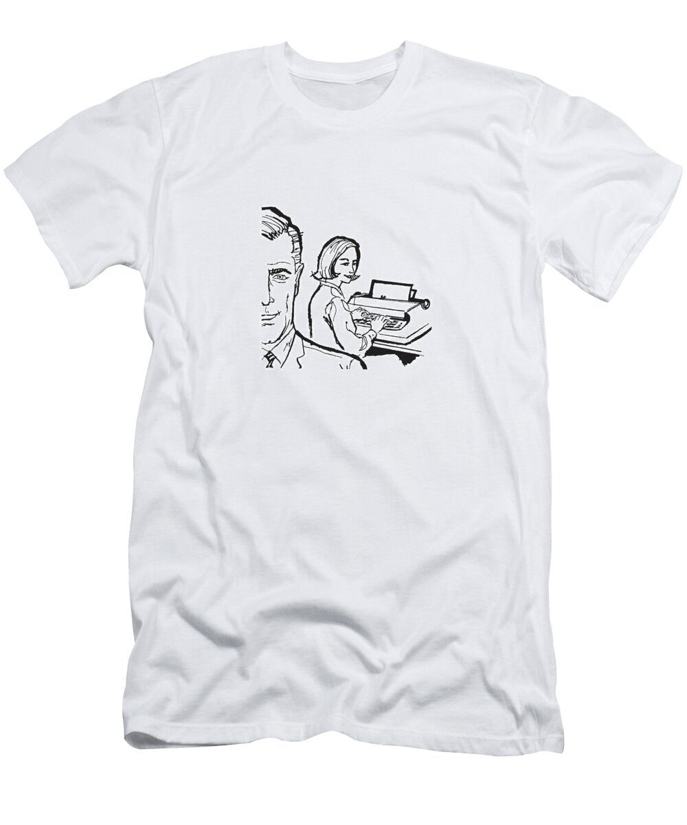Woman Typing on Typewriter While Looking Over Shoulder At Man Csa Images T-Shirt