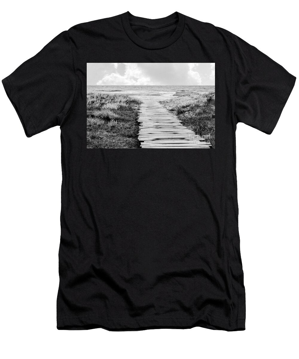 Wooden Boardwalk Pathway Leading to Tranquil Ocean Beach Black and White Landscape Dmr Filho T-Shirt