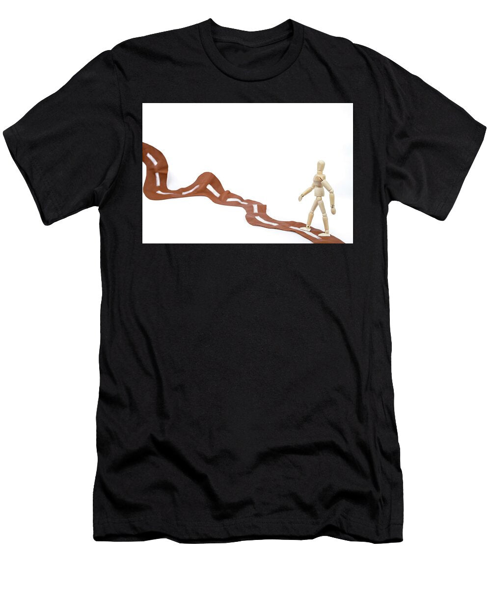 Wooden Mannequin Walking on a Brown Leather Wavy Road Journey T Dorin Puha T-Shirt