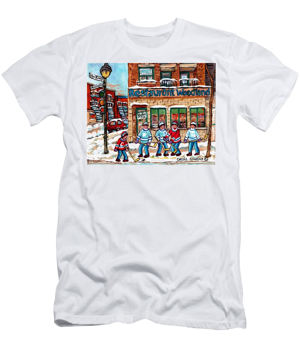 Woodland Pizza Montreal Verdun Winter Scene Painting for Sale Original Hockey Artwork C Spandau Art Carole Spandau T-Shirt
