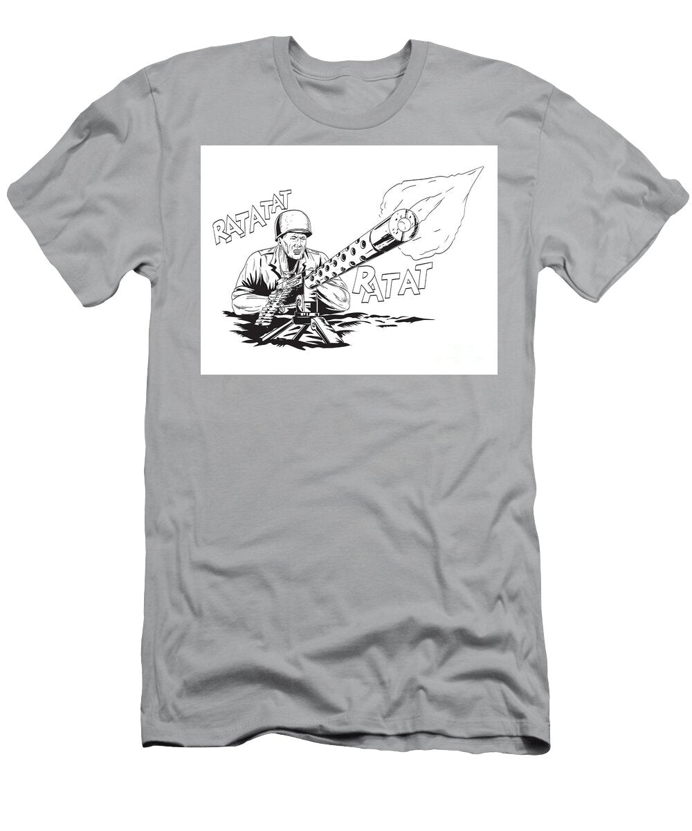 World War Two American Gi Soldier Aiming Firing Machine Gun Front View Comics Style Drawing Aloysius Patrimonio T-Shirt