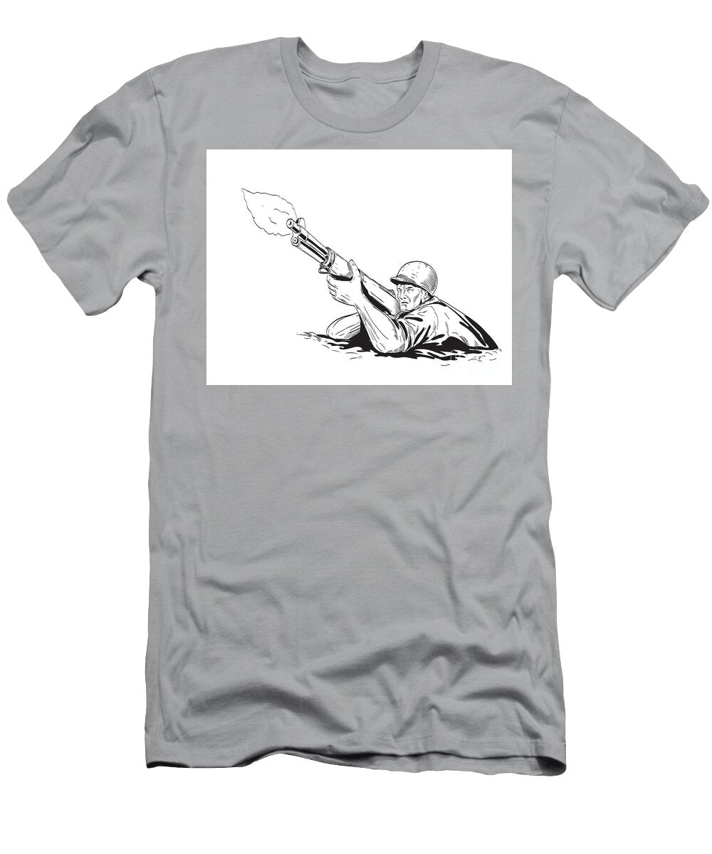 World War Two American Gi Soldier Aiming Firing Rifle Front Low Angle View Comics Style Drawing Aloysius Patrimonio T-Shirt