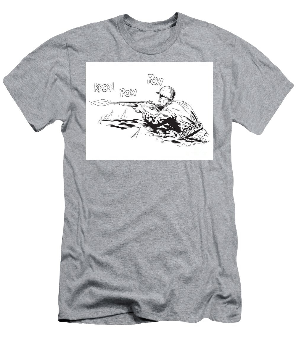 World War Two American Gi Soldier Aiming Firing Rifle in Foxhole Side View Comics Style Drawing Aloysius Patrimonio T-Shirt
