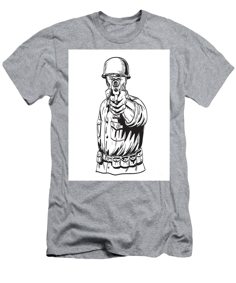 World War Two American Gi Soldier Aiming Pistol Viewed From Front Comics Style Drawing Aloysius Patrimonio T-Shirt