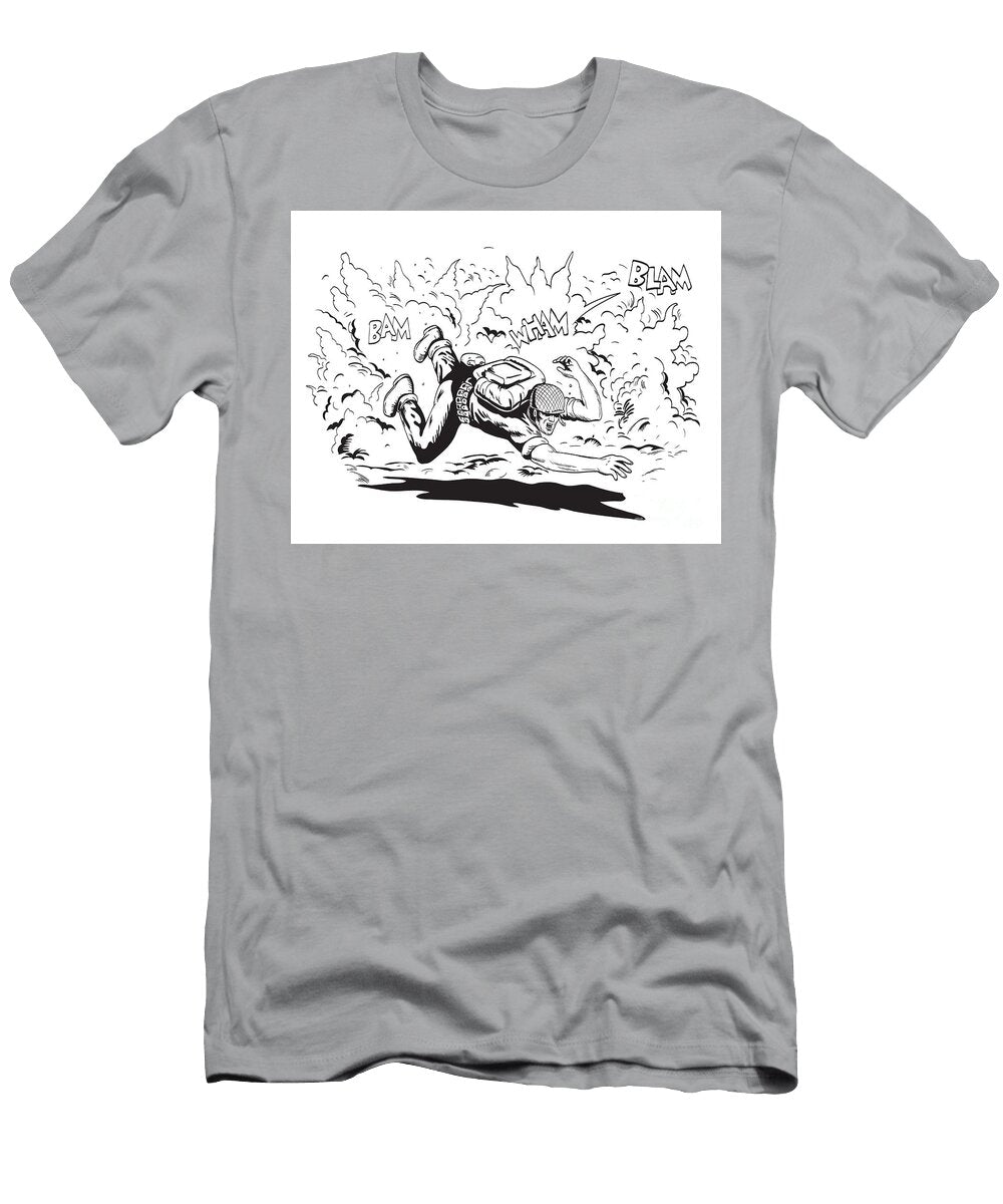 World War Two American Gi Soldier Diving for Cover in Explosion Comics Style Drawing Aloysius Patrimonio T-Shirt