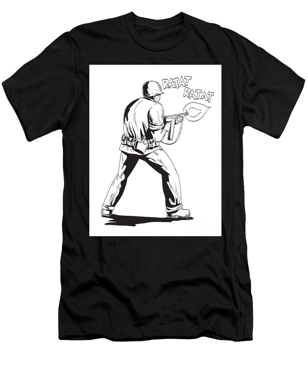 World War Two American Gi Soldier Firing Aiming Rifle Viewed From Rear Comics Style Drawing Aloysius Patrimonio T-Shirt