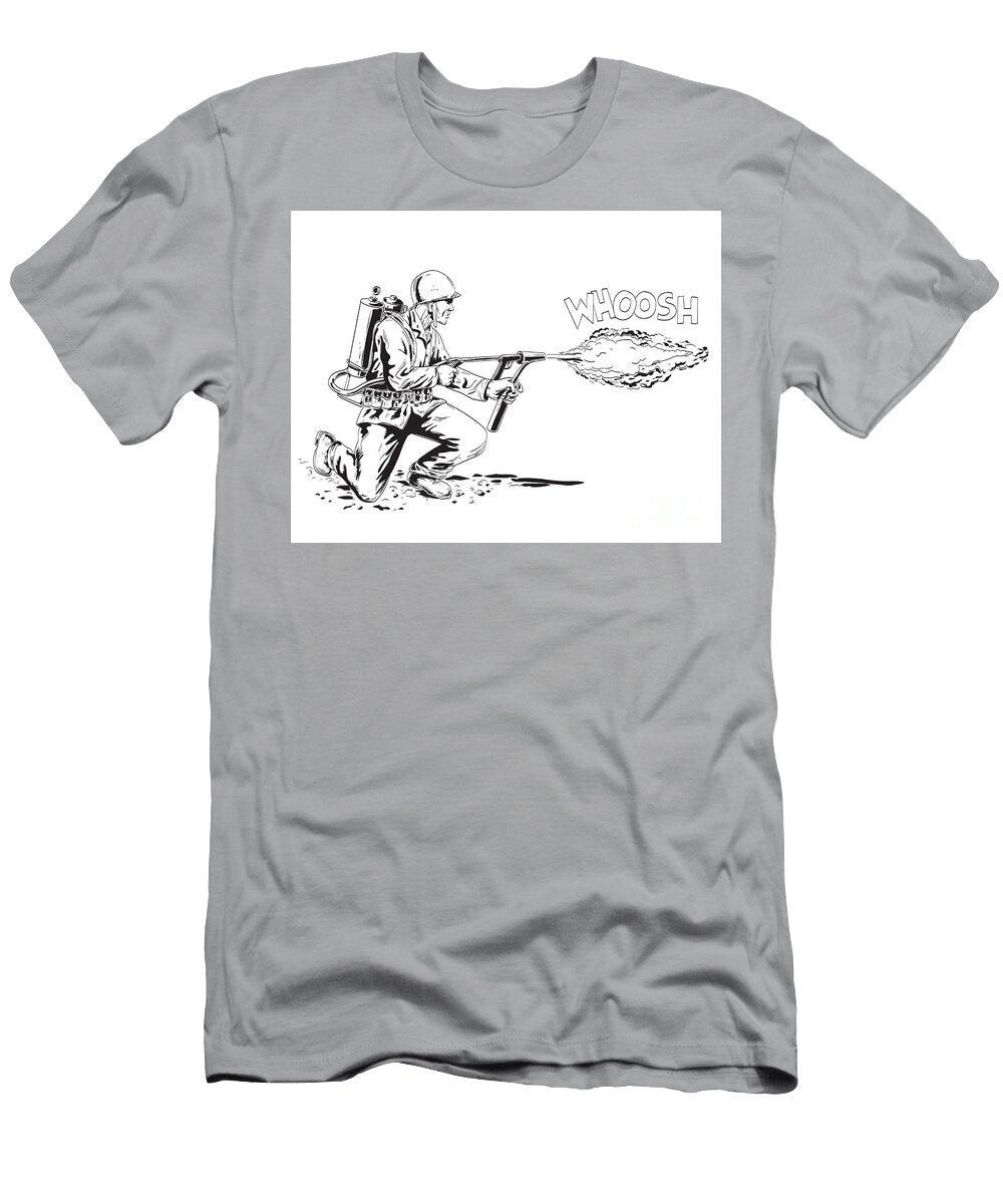 World War Two American Gi Soldier Firing M2 Flamethrower Comics Style Drawing Aloysius Patrimonio T-Shirt