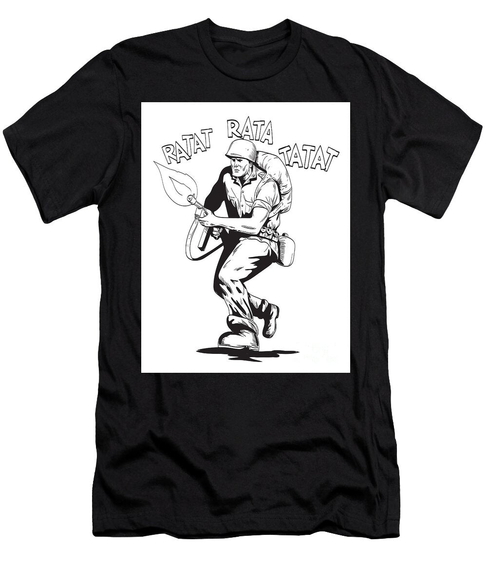 World War Two American Gi Soldier Firing Rifle Running Comics Style Drawing Aloysius Patrimonio T-Shirt