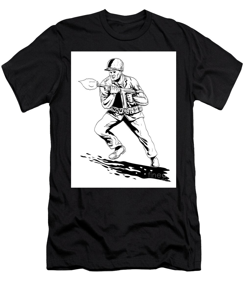 World War Two American Gi Soldier Firing Tommy Gun Front View Comics Style Drawing Aloysius Patrimonio T-Shirt