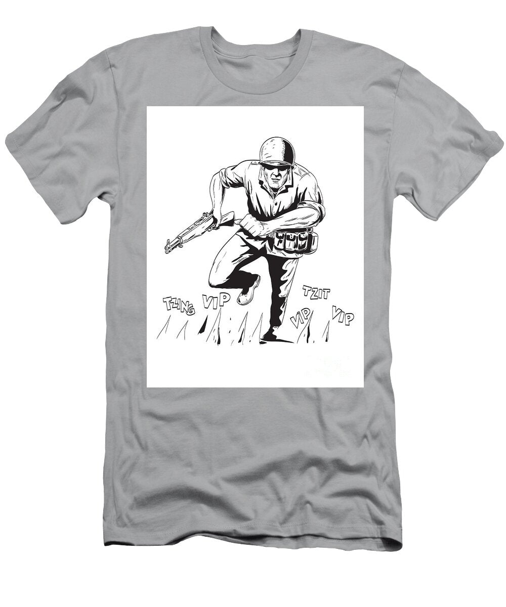 World War Two American Gi Soldier Running with Rifle Front View Comics Style Drawing Aloysius Patrimonio T-Shirt