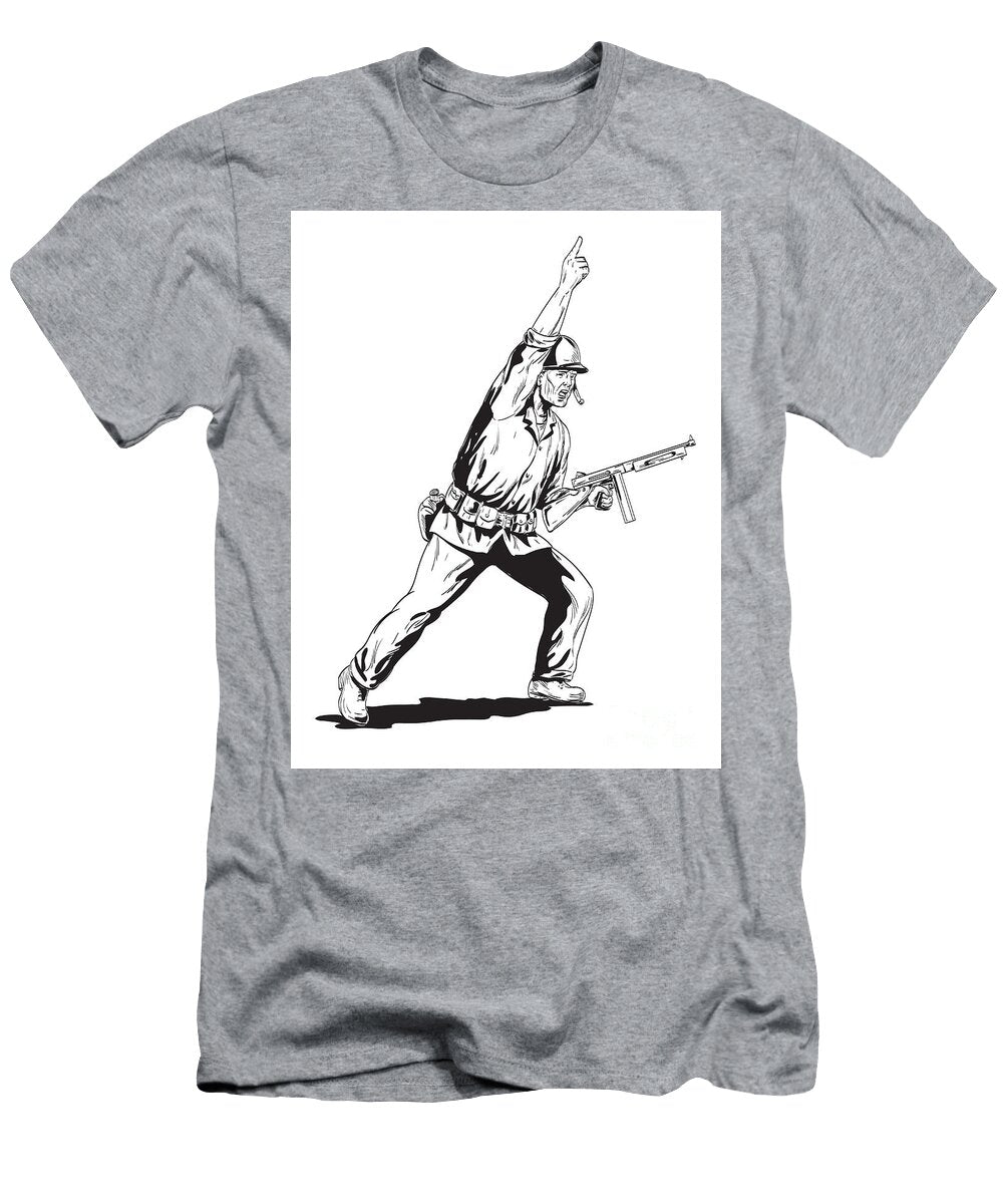 World War Two American Gi Soldier with Rifle Leading Charge Side Angle View Comics Style Drawing Aloysius Patrimonio T-Shirt